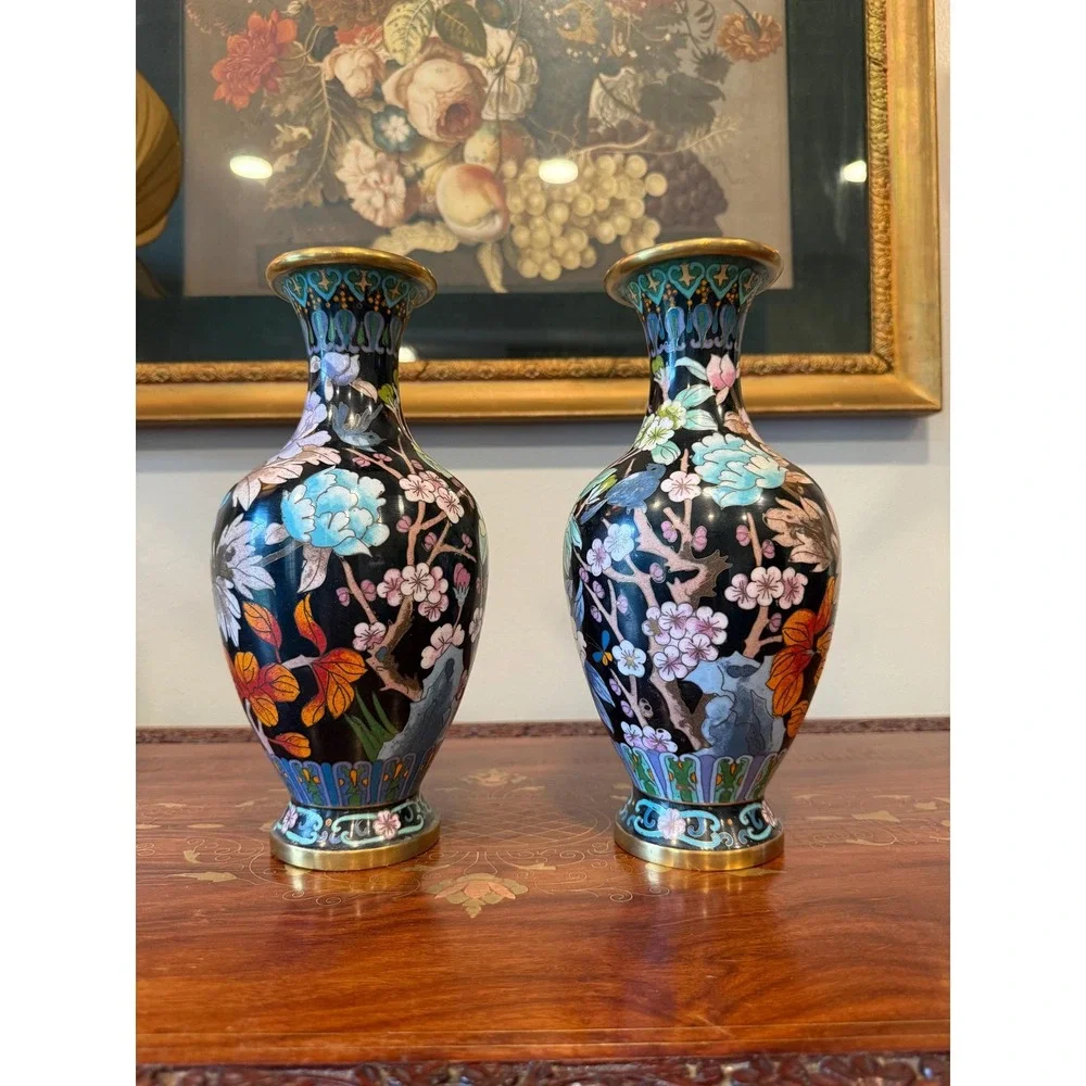 Vintage Cloisonné Peony Vase Pair‎ - 10.25